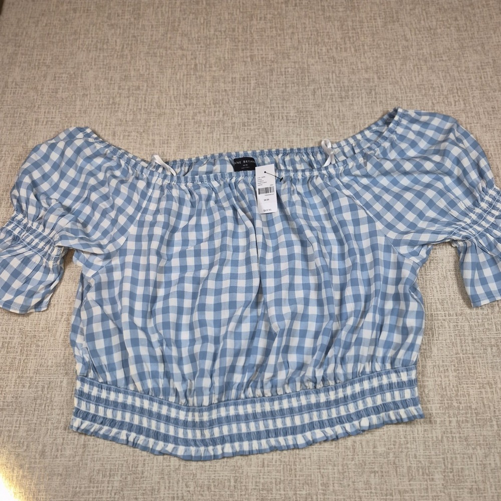 Lane Bryant Gingham Smocked Crop Top Blouse Blue White Off Shoulder 18/20 NWT